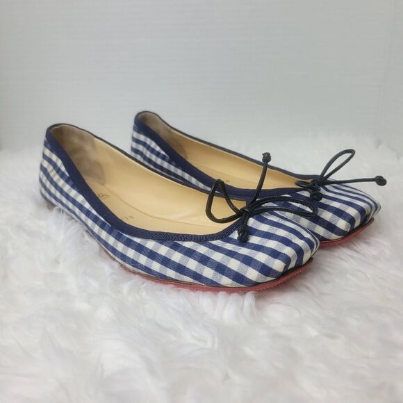 Christian Louboutin Rosella Womens 9 Square Toe Ballet Flats Blue White Gingham - Picture 1 of 9